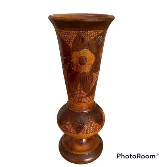 VINTAGE Mid Century Carved Wooden Vase - Picture 1 of 4
